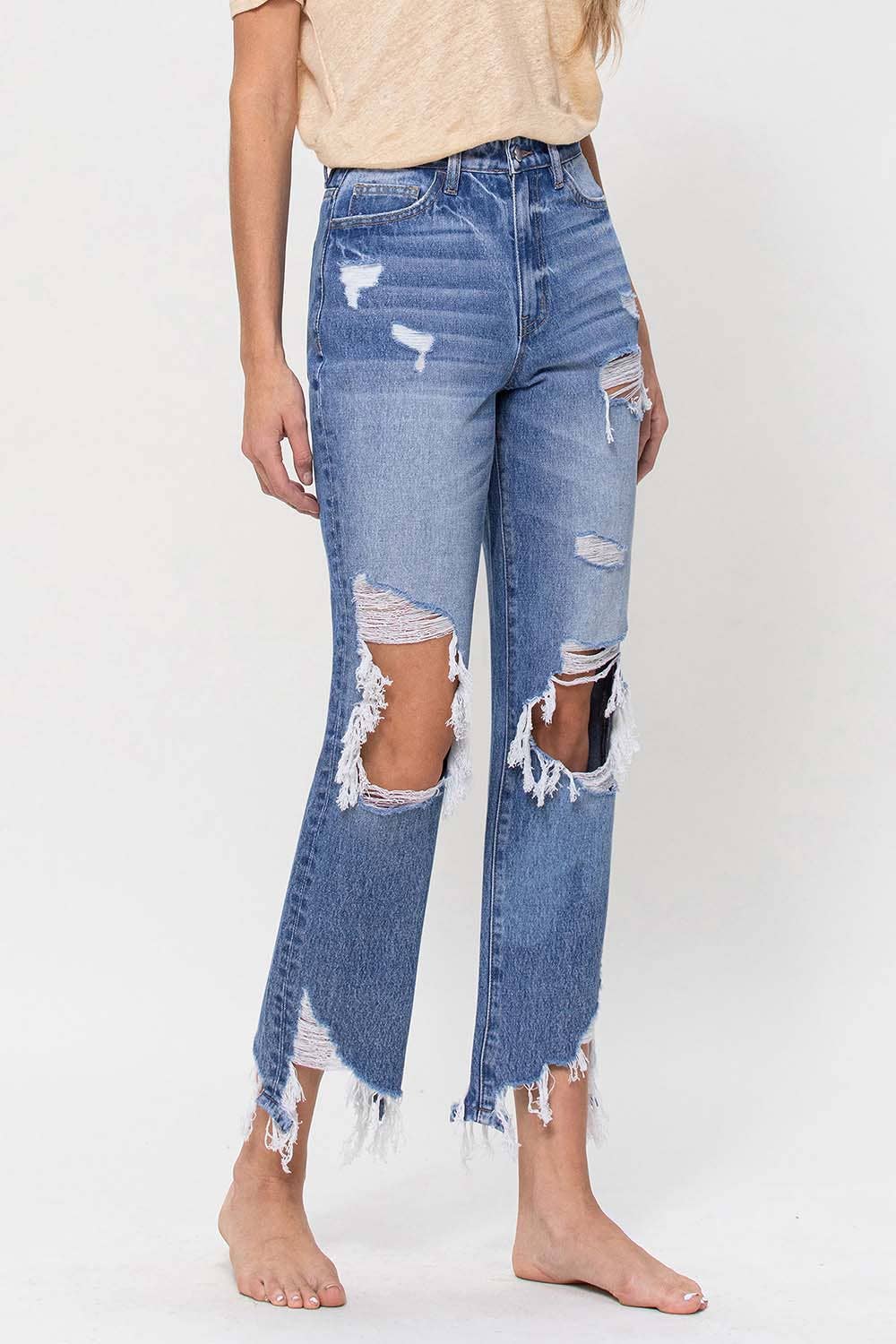 SUPER HIGH RISE DISTRESSED ANKLE STRAIGHT JEANS F4557