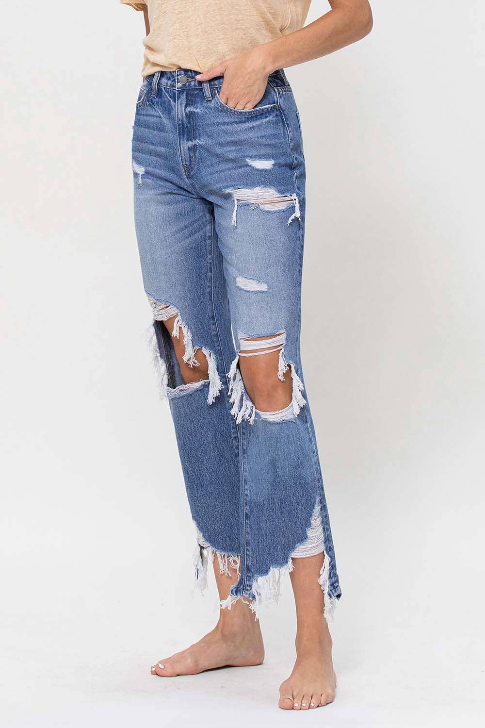 SUPER HIGH RISE DISTRESSED ANKLE STRAIGHT JEANS F4557