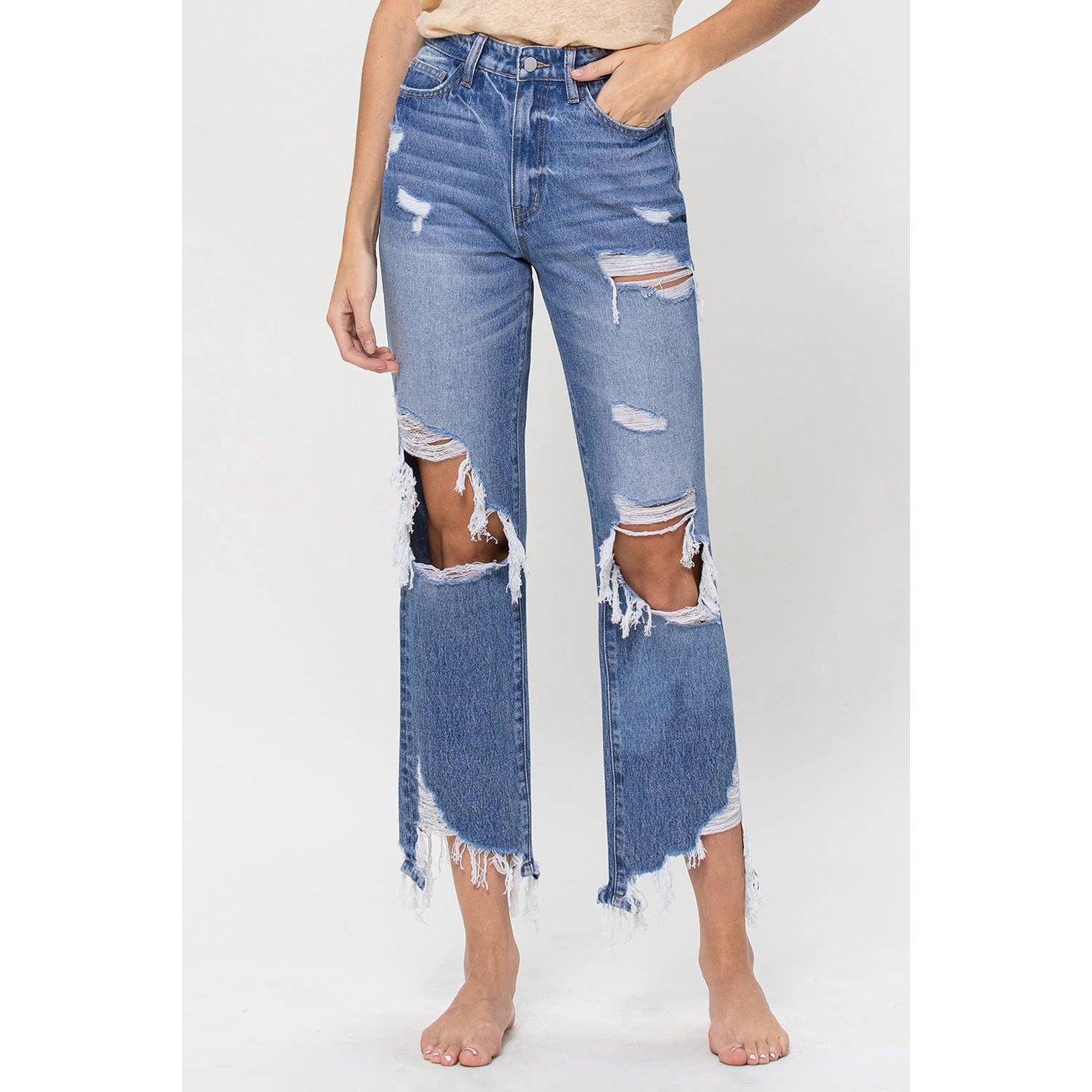 SUPER HIGH RISE DISTRESSED ANKLE STRAIGHT JEANS F4557