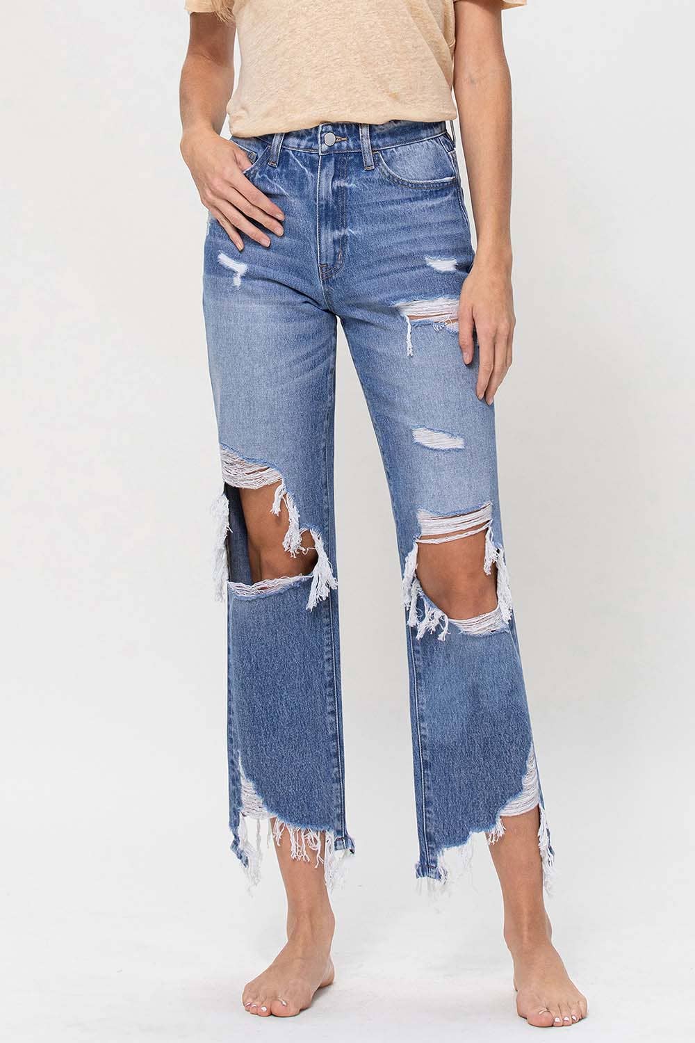 SUPER HIGH RISE DISTRESSED ANKLE STRAIGHT JEANS F4557