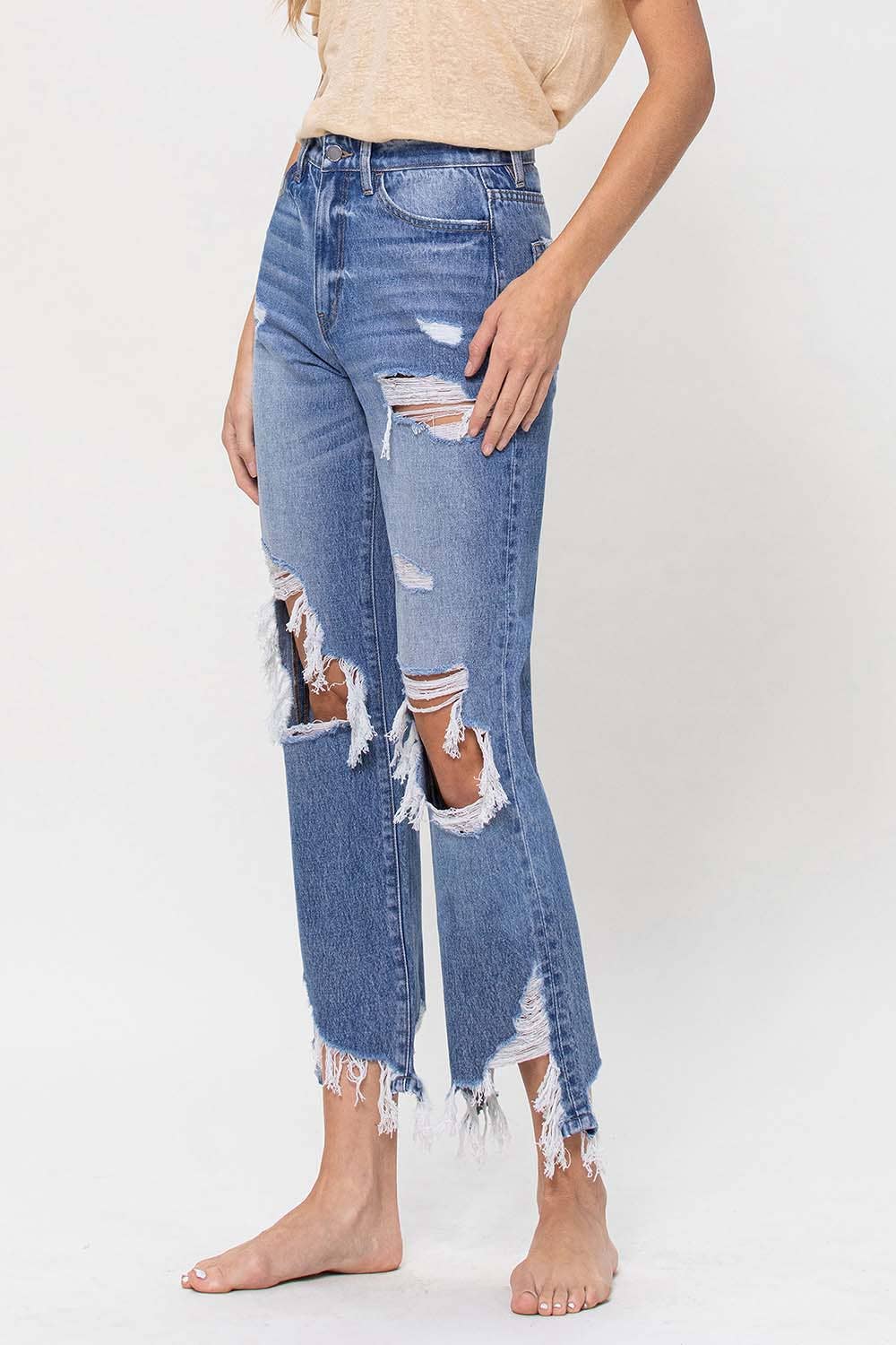 SUPER HIGH RISE DISTRESSED ANKLE STRAIGHT JEANS F4557