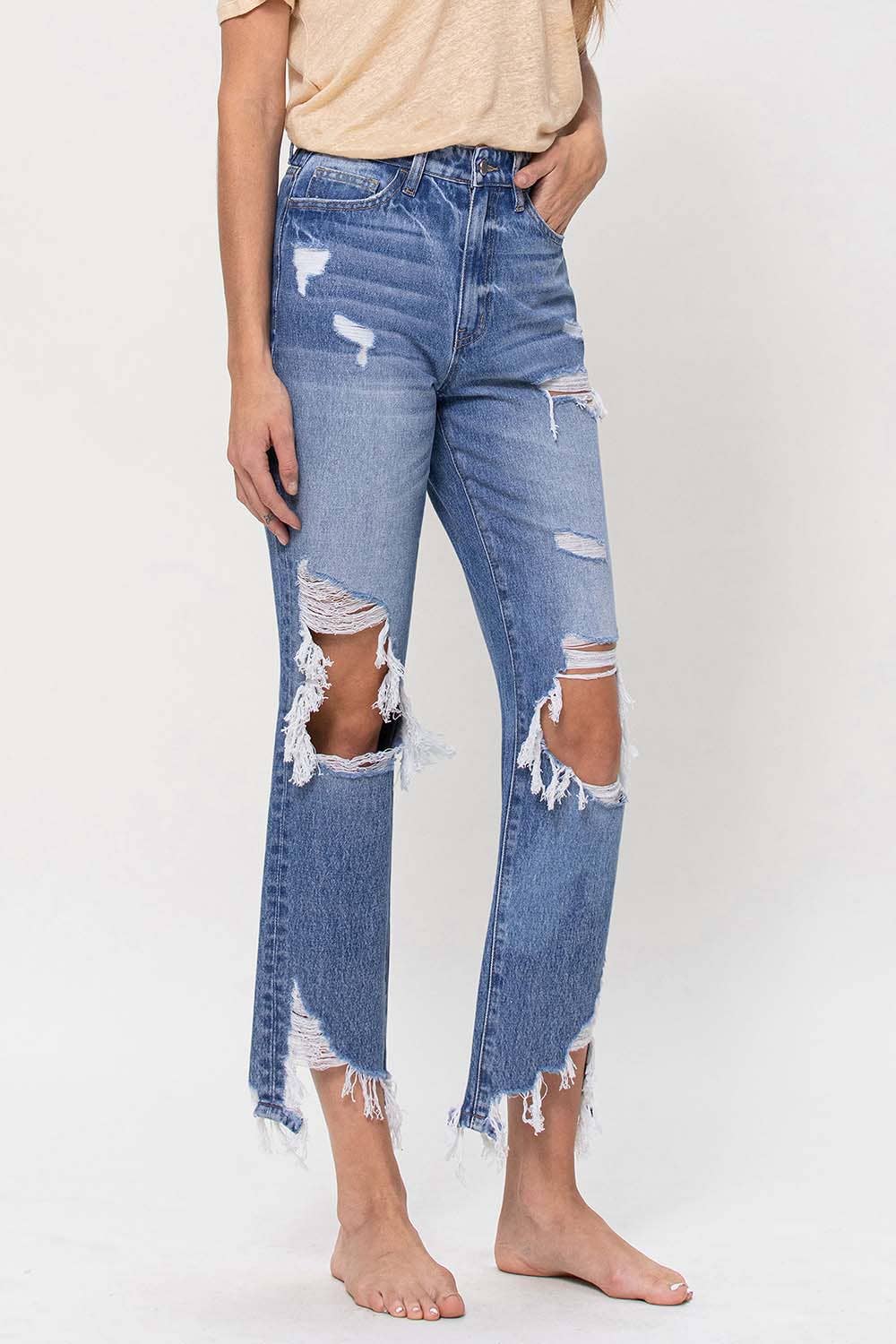 SUPER HIGH RISE DISTRESSED ANKLE STRAIGHT JEANS F4557