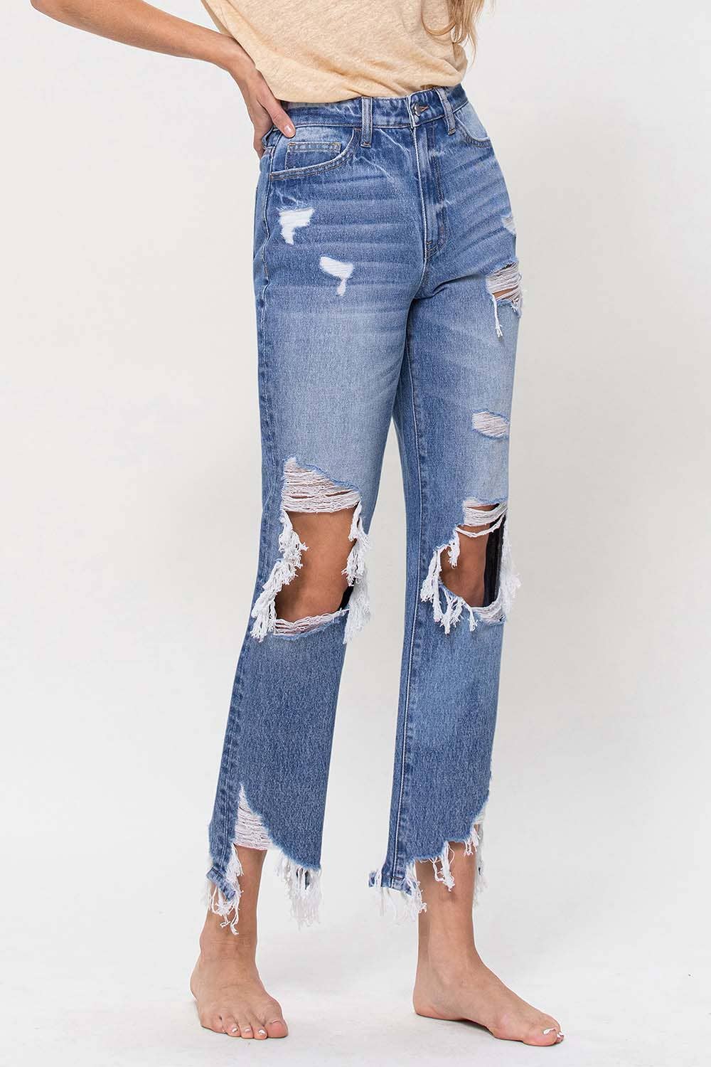 SUPER HIGH RISE DISTRESSED ANKLE STRAIGHT JEANS F4557