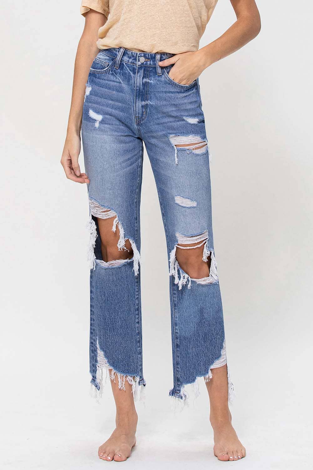 SUPER HIGH RISE DISTRESSED ANKLE STRAIGHT JEANS F4557